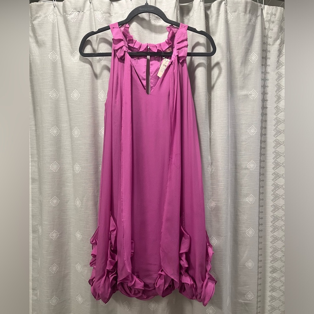 Rebecca Taylor hibiscus ruffle dress with floral detail around bottom of dress 6